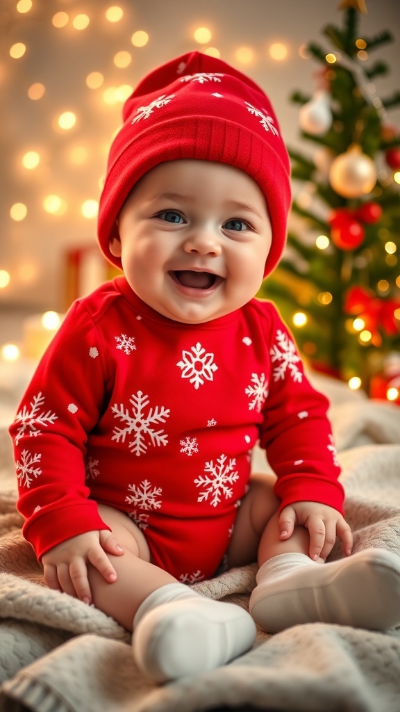 Adorable Christmas Outfit for 8-Month-Old Baby An adorable baby in a red Christmas outfit with snowflakes, sitting on a blanket with holiday decorations.